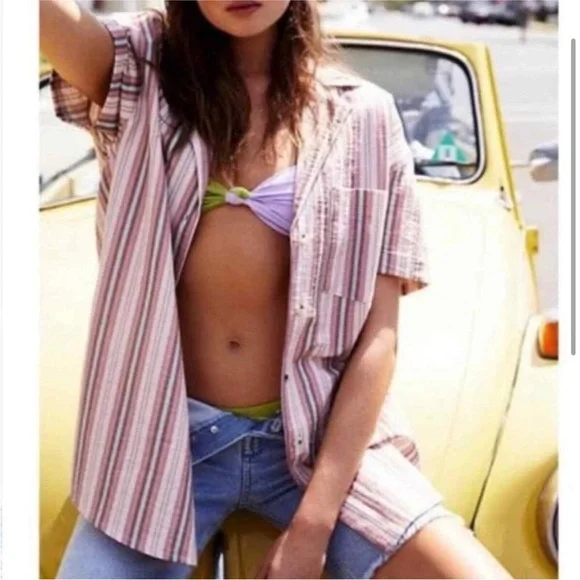 We the free free people Poolside striped oversized button front lounge shirt xs - Picture 2 of 9